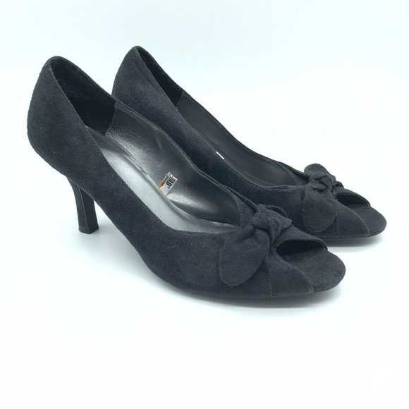 Isaac Mizrahi for Target Gabi Heels Peep Toe Bow Faux Suede Slip On Black Size 9 - Picture 1 of 7